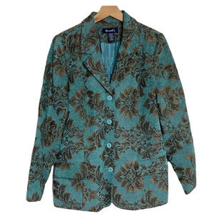 Denim & Co. M teal & brown tapestry4 button‎ blazer coat